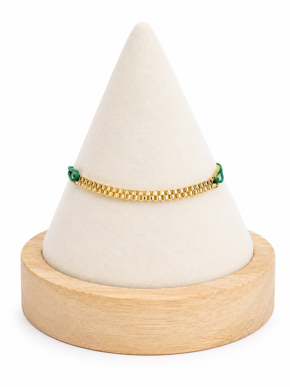 Gold Tone Double Box Chain Green Cord Adjustable Bracelet Minimalist Modern